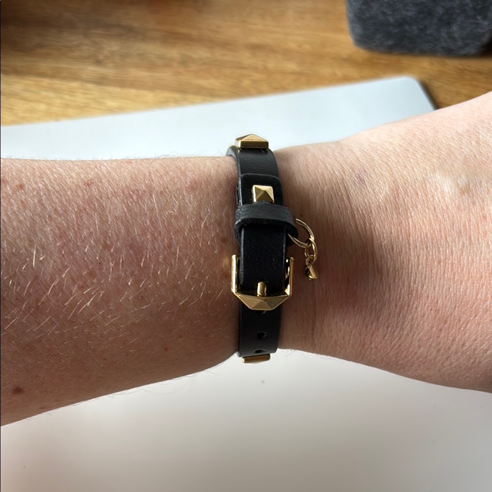 Black Leather Bracelet with Gold Accents